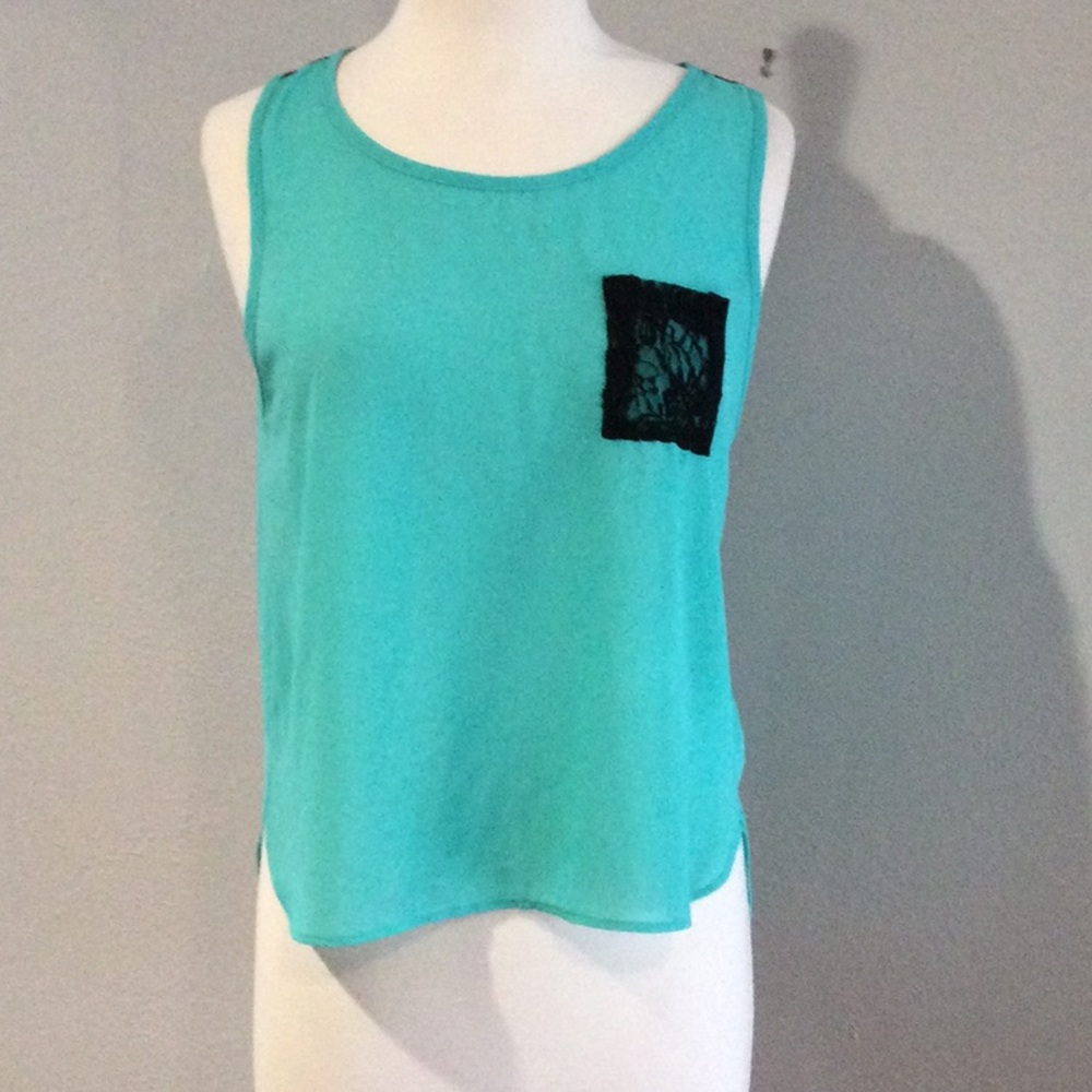 Ad:Hoc Le Collezioni Turquoise High-Low Sleeveless w/Black Lace Pocket Tank L
